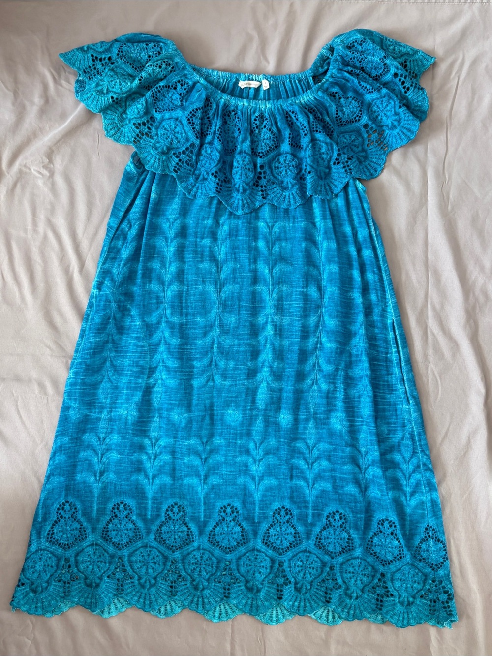 Soft Surroundings Turquoise Cotton Embroidered Lace Dress L Pockets